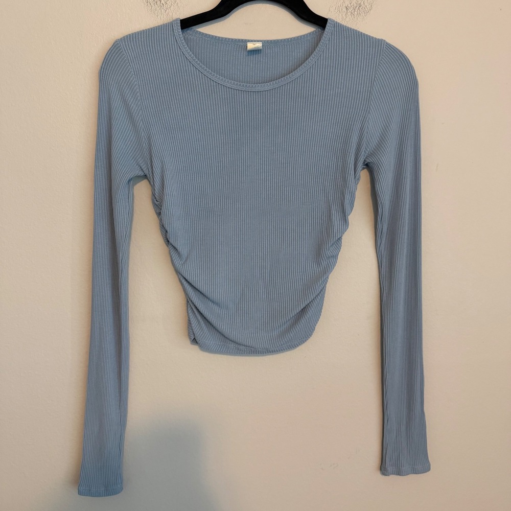 Alo Yoga Ruched Side Ribbed Long Sleeve Shirt S blue athleisure active casual
